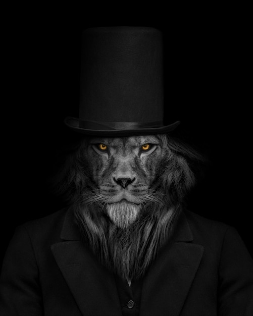 Prise de vue verticale en niveaux de gris du lion avec un corps humain dans un manteau sombre sur fond noir.