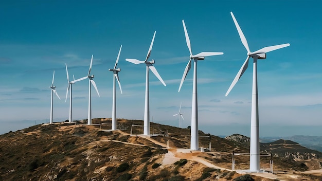 Une prise de vue verticale de plusieurs moulins à vent électriques blancs sur une colline