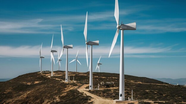 Une prise de vue verticale de plusieurs moulins à vent électriques blancs sur une colline