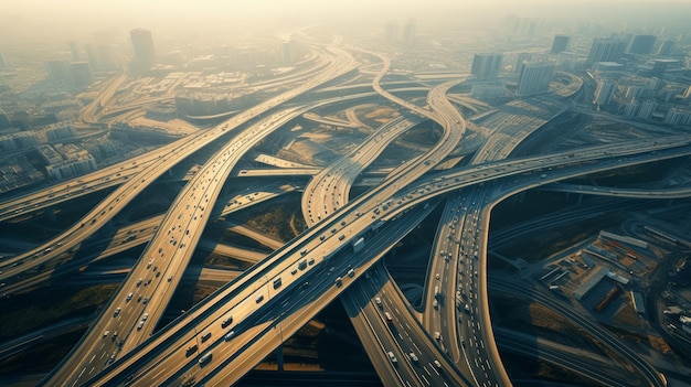 Photo des prises de vue en altitude génératives de l'ia montrant un échangeur d'autoroute pendant l'heure de pointe mettant en évidence le mouvement des véhicules