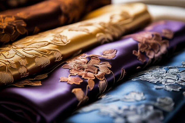 Photo des prises de vue macro révélant d'élégants motifs de brocade sur des textiles de soie de luxe