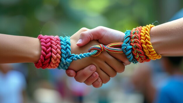 Des prises de vue rapprochées d'amis échangant des bracelets d'amitié colorés comme symbole de leur lien