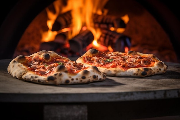 Des prises de vue rapprochées d'un four à pizza à bois avec des flammes visibles