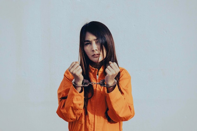 Prisonnier en robe orange conceptPortrait de femme asiatique en uniforme de prison sur fond blanc