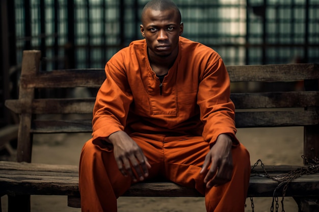 Un prisonnier robuste assis dans la cour de la prison