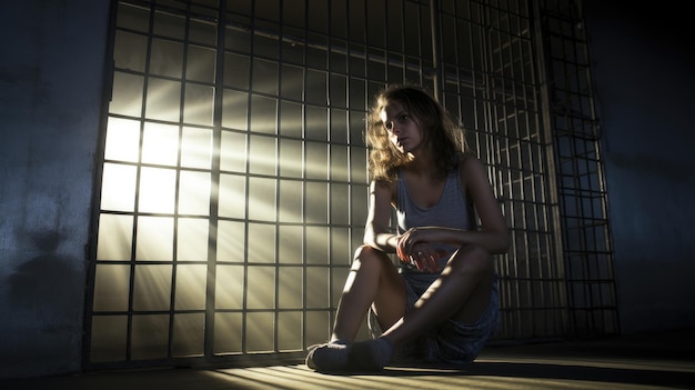 Une prisonnière anxieuse est assise sur ses genoux dans une cellule éclairée par la lumière du soleil à travers la fenêtre à barreaux