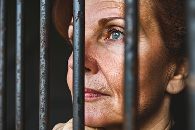 une prisonnière en robe purge sa peine dans une cellule de prison derrière les barreaux