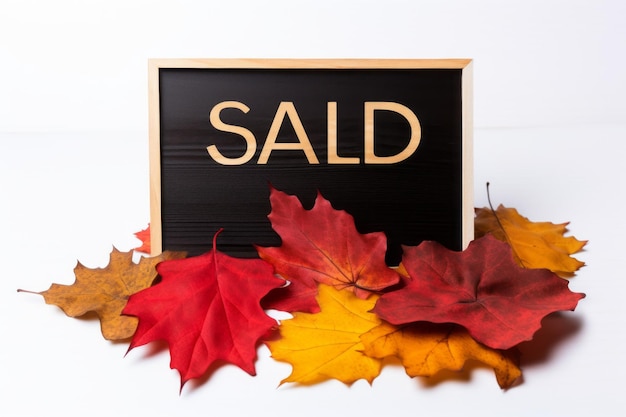 Photo prix en baisse vente d'automne saisonnière avec des lettres en bois sur des feuilles colorées en arrière-plan