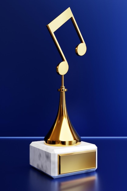 Prix de musique d'or avec une note sur une illustration 3d de fond bleu