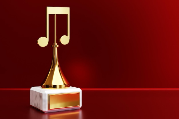 Prix de musique d'or avec une note sur une illustration 3d de fond rouge