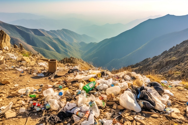 Problème environnemental déchets en plastique ou déchets dans la montagne du concept de pollution du réchauffement climatique