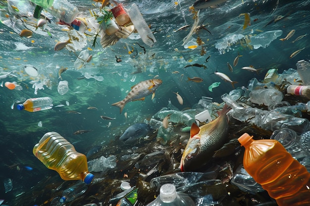 Le problème mondial de la pollution de l'océan avec un poisson mort entouré de plastique génératif ai