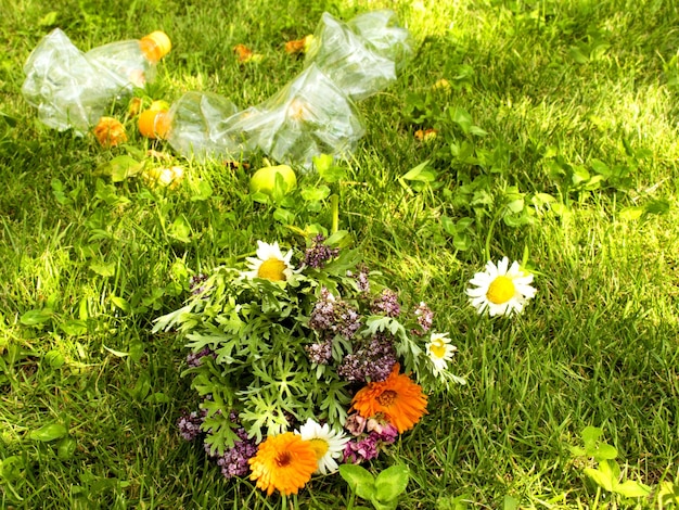 Le problème de la pollution Beau bouquet de fleurs sauvages sur fond d'ordures Déchets sur la pelouse