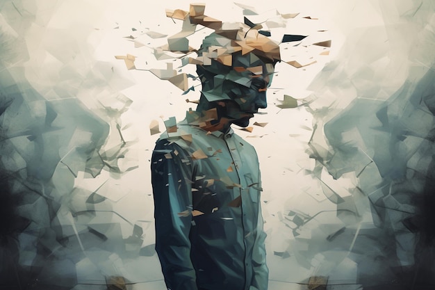 Problème psychologique trouble mental dépression concept artistique Illustration de la silhouette d'un homme détruisant une particule d'identité