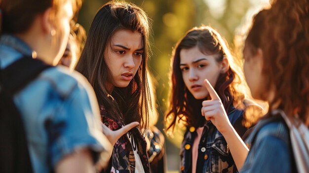 Photo problèmes d'adolescents groupe d'étudiants montrant du doigt contrarié