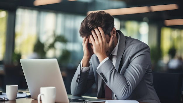 Problèmes au travail Un jeune employé de bureau un homme d'affaires assis à son bureau devant un ordinateur portable