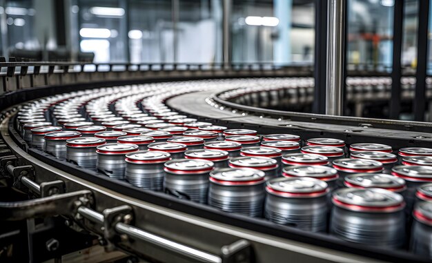 Le procédé des boîtes à boissons en aluminium dans la ligne d'usine sur le tapis roulant dans l'industrie des boissons