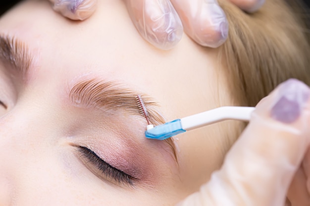 la procédure de stratification des sourcils du maître distribue une brosse à sourcils spéciale pour la pose correcte des cheveux