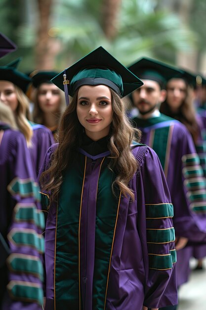 Procession de diplômés portant des robes et des casquettes violettes marchant à l'extérieur dans leurs casquettes et leurs robes