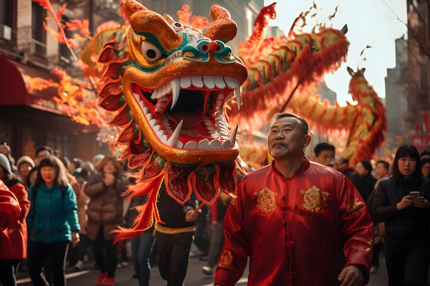 Procession enchanteuse Les gens suivent la danse du dragon pour célébrer