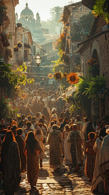 Procession traditionnelle du dimanche des Palmiers avec des gens portant des croix ornées à travers d'anciens pavés