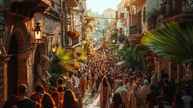 Procession traditionnelle du dimanche des Rameaux avec des gens portant des croix ornées dans une ancienne rue pavée