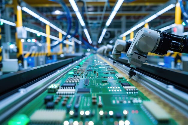 Photo processus d'assemblage de circuits imprimés conveyor avec bras robotiques dans une usine d'électronique
