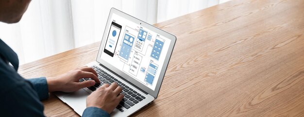 Photo processus de conception de l'interface utilisateur pour une application mobile et un site web à la mode prototype créatif de wireframe pour développeur d'applications professionnel