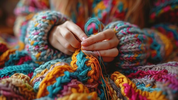 Processus de crochet Les mains des filles tiennent le crochet et le fil