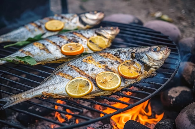 Processus de cuisson du poisson Dorado sur le gril avec du poisson grillé au citron BBQ Bonne nourriture Generative AI