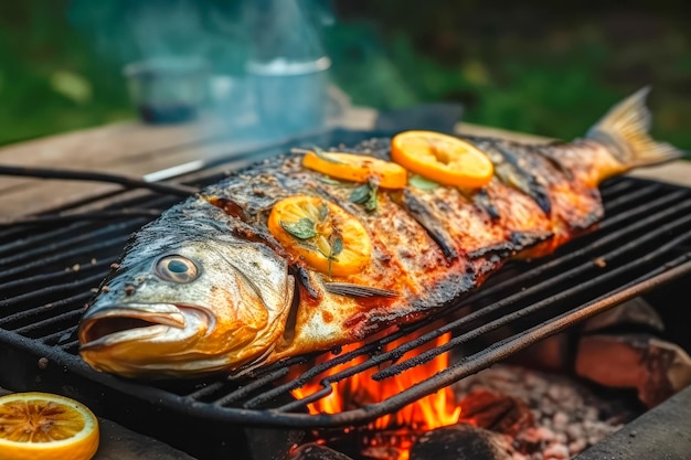 Processus de cuisson du poisson Dorado sur le gril avec du poisson grillé au citron BBQ Bonne nourriture Generative AI