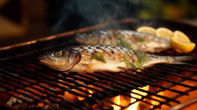 Processus de cuisson du poisson dorado grillé avec barbecue de poisson grillé au citron Generative AI