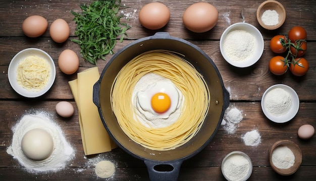 Processus de cuisson des pâtes avec des ingrédients frais crus pour la nourriture italienne classique œufs crus