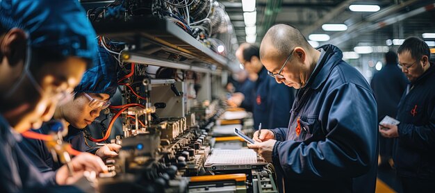 processus de fabrication dans une usine moderne chinoise, y compris les lignes de montage, le contrôle de la qualité, généré avec l'IA