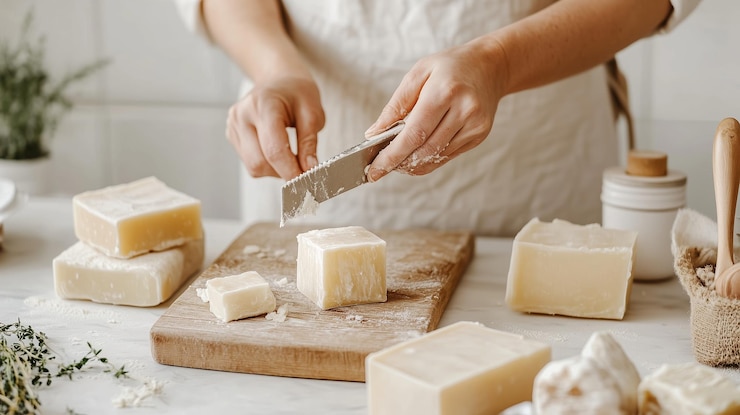 Photo processus de fabrication du savon dans une cuisine confortable avec des ingrédients naturels et un décor rustique à midi