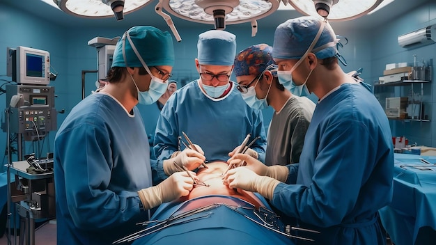 Photo processus d'opération de chirurgie gynécologique à l'aide d'un équipement laparoscopique