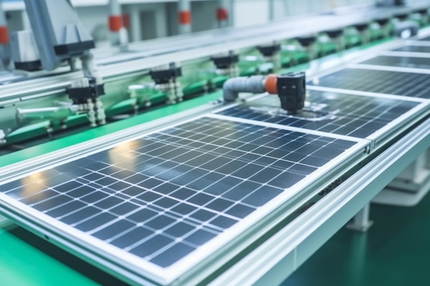 Processus de production de panneaux solaires dans une usine automatisée lumineuse moderne Photo d'un panneau solaire