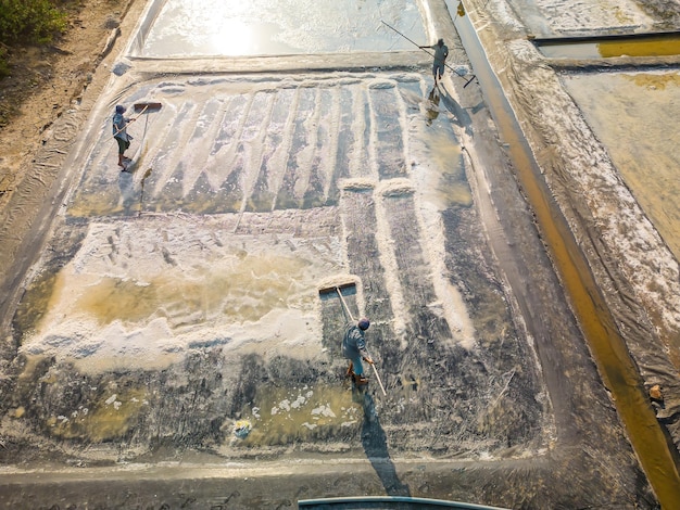 Processus de sel de mer fabriqué à partir d'un tas de sel dans la saline par un travailleur du sel dans la zone rurale de Long Dien Ba Ria Vung Tau Les champs de sel sont l'une des destinations les plus uniques au Viet Nam