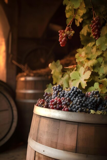 Photo processus de vinification dans la cave grapes rouges dans le fût de chêne