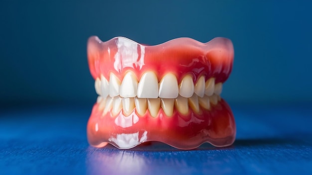 Photo proche denture complète ou denture complète sur bleu