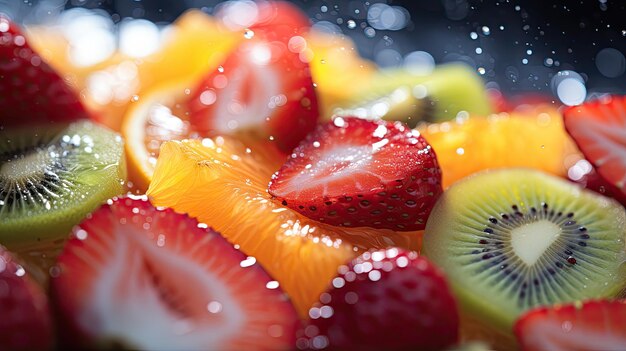 proche de diverses salades juteuses et fraîches à la chair de fruit avec une belle lumière bokeh étincelante