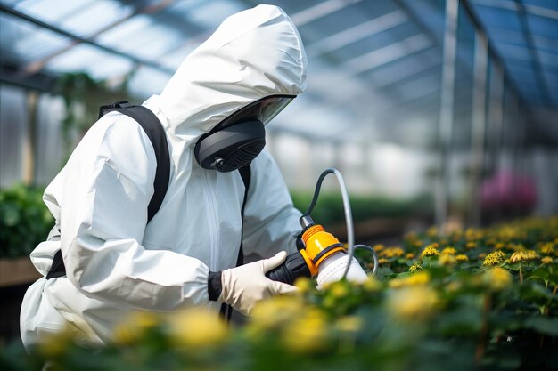 Producteur appliquant des biopesticides dans une serre