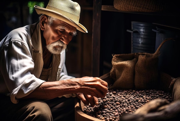 un producteur de café âgé préparant ses grains dans le style de palettes de couleurs terreuses