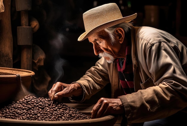 un producteur de café âgé préparant ses grains dans le style de palettes de couleurs terreuses