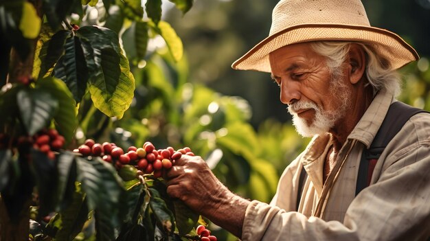 Un producteur de café inspecte des cerises de café mûres dans le contexte d'une plantation de café luxuriante