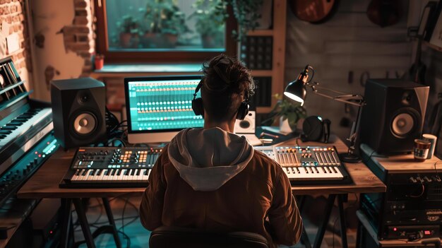 Photo un producteur de musique est assis à son bureau dans son studio à la maison. il porte des écouteurs et regarde l'écran de l'ordinateur.