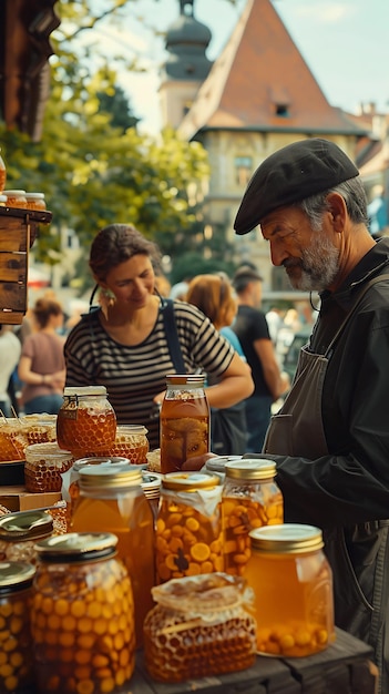 Les producteurs de miel vendant des jarres de miel sur un marché du marché traditionnel et culturel de Budapest