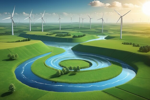 Production d'énergie verte c'est le futur moulin à vent et diagramme graphique des courants d'air qui produisent de l'énergie verte