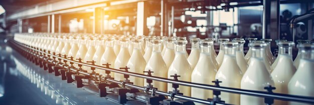 Photo la production de lait en bouteille dans une usine laitière