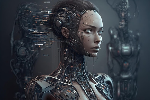 Production de robots Fille usine industrie science 8k innovation personne créativité connaissances caractère automatisation formation données Internet Le concept de la technologie AI